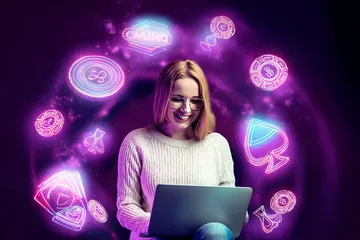 A woman smiling by bright slot machines showing lucky symbols, showcasing the exciting slot offerings at ILOTBED.